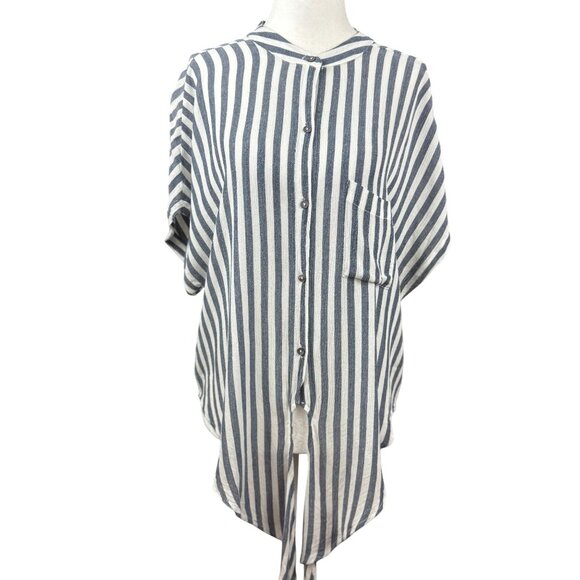 NEW Lulus Womens M Blue White Vertical Stripe Button-Up Tie Front Tunic Top Chic - Picture 2 of 10